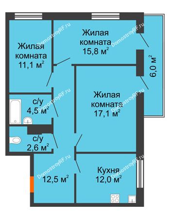 3 комнатная квартира 76,6 м² в ЖК Современник, дом Позиция 7
