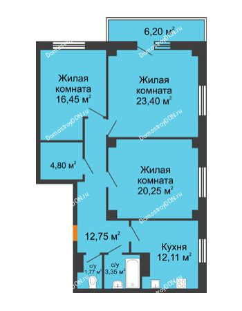 3 комнатная квартира 96,74 м² в ЖК Сокол Градъ, дом Литер 7