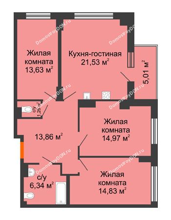 4 комнатная квартира 88,93 м² в ЖК Аврора, дом № 3