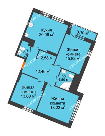 3 комнатная квартира 93,06 м² в ЖК Книги, дом № 2