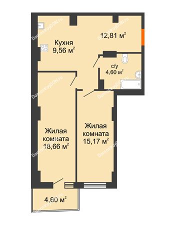 2 комнатная квартира 62,78 м² в ЖК Сердце Ростова 2, дом Литер 8