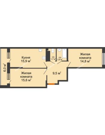 2 комнатная квартира 63,3 м² в ЖК Самолет, дом 4 очередь - Литер 22