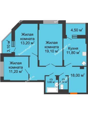 3 комнатная квартира 83,3 м² в ЖК Высота, дом 4 позиция