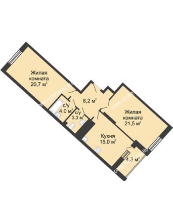 2 комнатная квартира 77,3 м² в ЖК Монолит, дом № 89, корп. 3