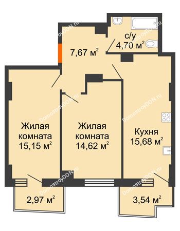 2 комнатная квартира 59,68 м² в ЖК Город у реки, дом Литер 7