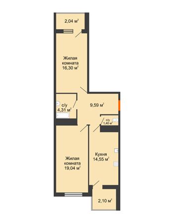 2 комнатная квартира 69,33 м² в ЖК Фамилия, дом Литер 1