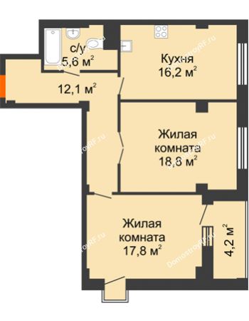 2 комнатная квартира 72,6 м² - ЖК Вершина