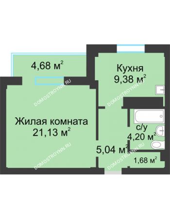 1 комнатная квартира 43,77 м² в ЖК На Победной, дом № 8