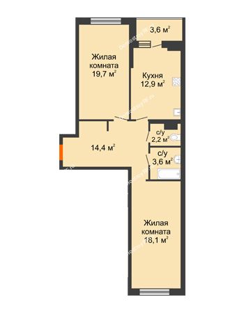 2 комнатная квартира 72,7 м² в ЖК Дружный 2, дом Литер 3.3