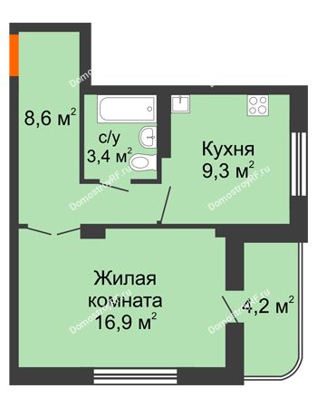 1 комнатная квартира 39,1 м² в ЖК Классик, дом № 90/4