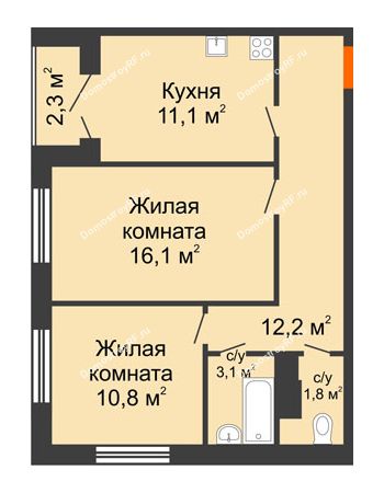 2 комнатная квартира 56,3 м² в ЖК Современник, дом Позиция 7