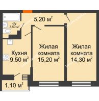 2 комнатная квартира 52,5 м² в ЖК SkyPark (Скайпарк), дом Литер 1, корпус 1, 2 этап - планировка