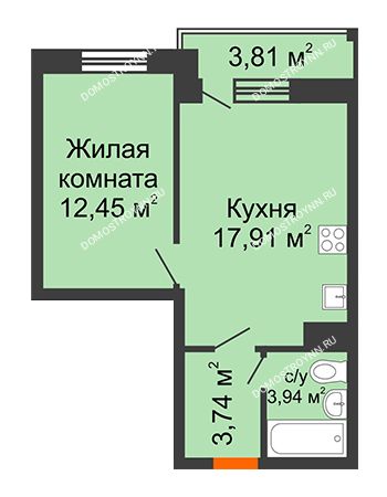1 комнатная квартира 39,9 м² в ЖК Академический, дом № 15
