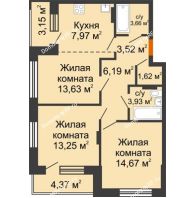 2 комнатная квартира 72,21 м² в ЖК Суворов-Сити, дом 2 очередь секция 1-5 - планировка