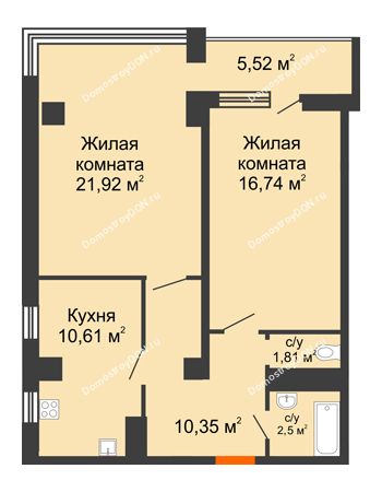 2 комнатная квартира 69,45 м² в ЖК Северный Остров, дом № 6