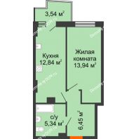 1 комнатная квартира 39,3 м² в ЖК Город у реки, дом Литер 7 - планировка
