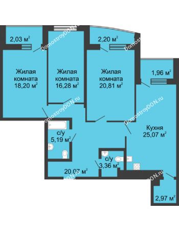 3 комнатная квартира 122,6 м² в ЖК Тихий Дон, дом № 3