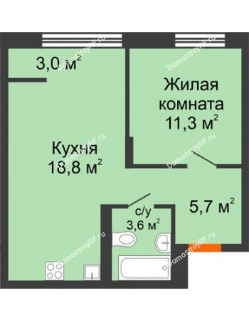 1 комнатная квартира 40,9 м² в ЖК Первый ключ	, дом Корпус 1