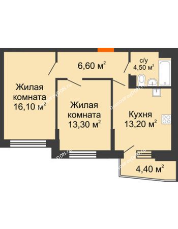 2 комнатная квартира 55,8 м² в ЖК Династия, дом Литер 2