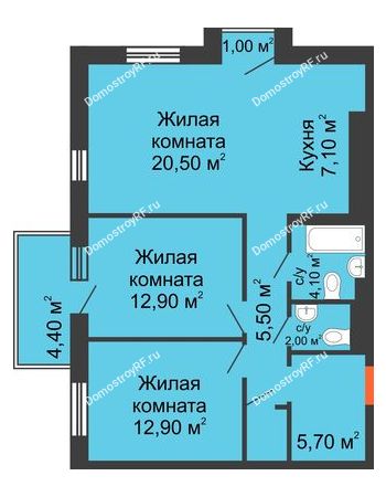 3 комнатная квартира 73,5 м² в ЖК Новый кленовый, дом № 2(2 этап)