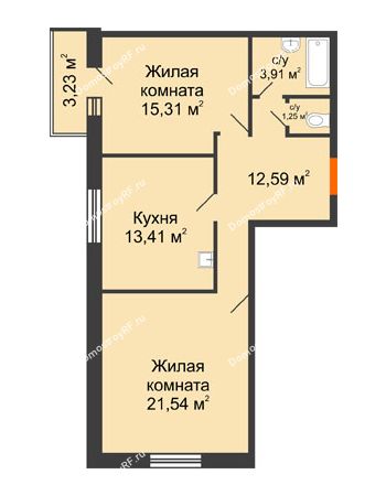 2 комнатная квартира 67,88 м² в ЖК Бограда, дом № 2