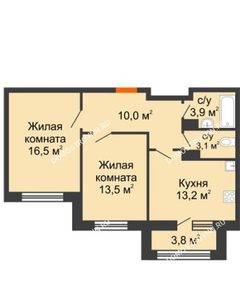 2 комнатная квартира 62,1 м² в ЖК Цветы 2, дом № 7