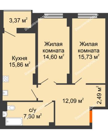 2 комнатная квартира 70,26 м² в ЖК Аврора, дом № 3