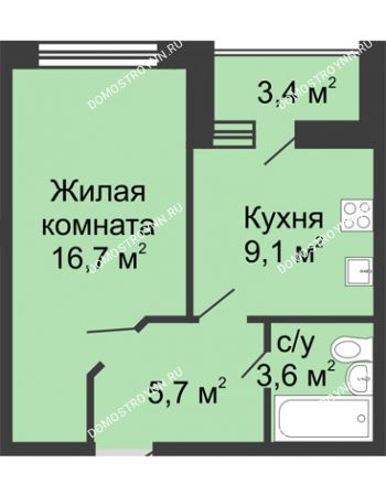 1 комнатная квартира 36,8 м² в ЖК Цветы, дом № 11