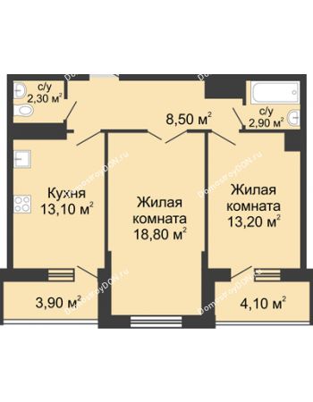 2 комнатная квартира 63,2 м² в ЖК Первый, дом Литер 1