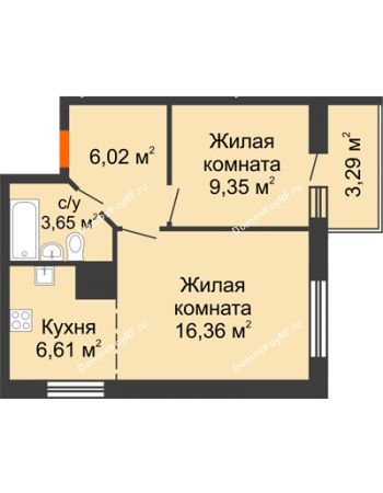 2 комнатная квартира 45,28 м² в ЖК На Хмельницкого	, дом № 3
