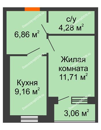 1 комнатная квартира 33,54 м² в ЖК Спутник, дом 4/2, № 7