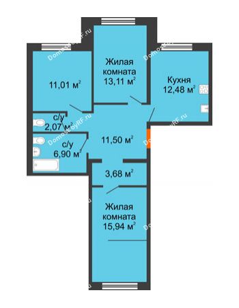 3 комнатная квартира 76,69 м² - ЖК Вавиловский Дворик