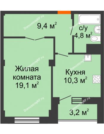 1 комнатная квартира 45,2 м² - ЖК Вершина