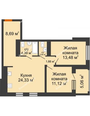 2 комнатная квартира 70,73 м² - ЖК Пешков