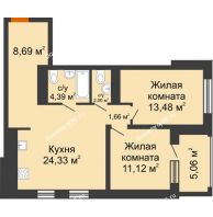 2 комнатная квартира 70,73 м², ЖК Пешков - планировка