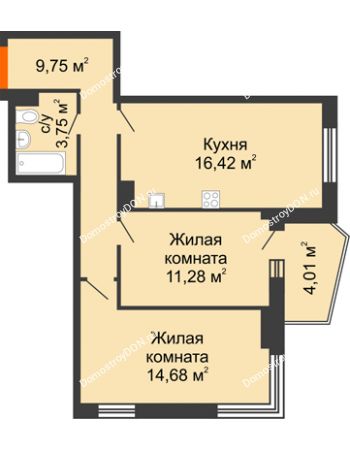 2 комнатная квартира 57,89 м² в ЖК Сердце Ростова 2, дом Литер 4