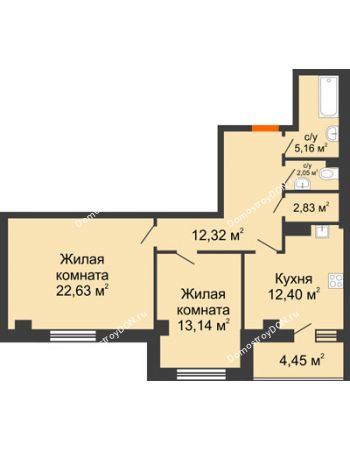 2 комнатная квартира 74,98 м² - ЖК Площадь Ленина