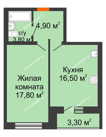 1 комнатная квартира 43,4 м² в ЖК Шестое чувство, дом 2 очередь 2 позиция