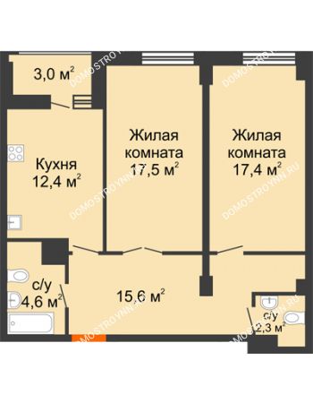 2 комнатная квартира 71,3 м² в ЖК Квартет, дом № 3