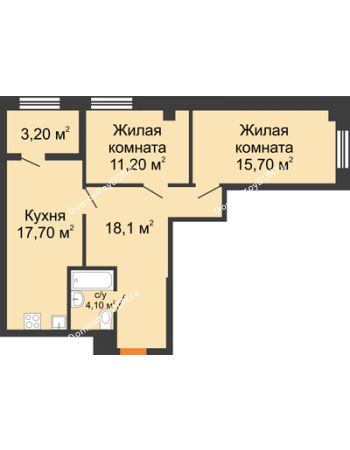 2 комнатная квартира 65,4 м² - ЖК Дом на 18-й Линии, 3