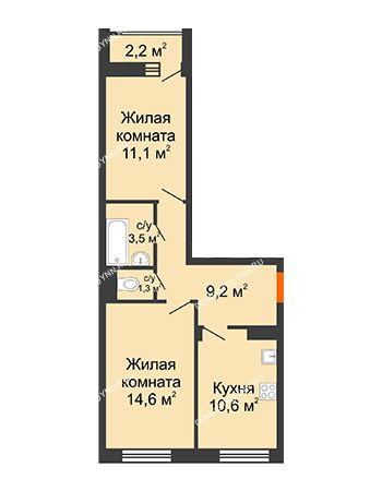 2 комнатная квартира 51,4 м² в ЖК Октава, дом № 7