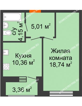 1 комнатная квартира 41,62 м² в ЖК Подкова на Гагарина, дом № 2