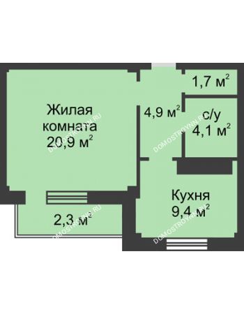 1 комнатная квартира 43,3 м² в ЖК На Победной, дом № 3