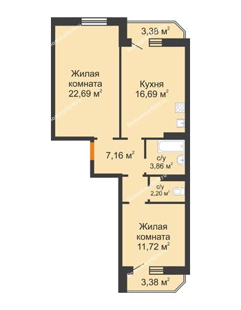 2 комнатная квартира 67,7 м² в ЖК Суворовский, дом Литер 1, Участок 120