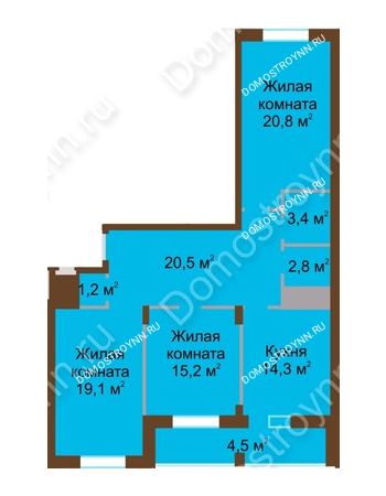 3 комнатная квартира 101,8 м² в ЖК Монолит, дом № 89, корп. 1, 2