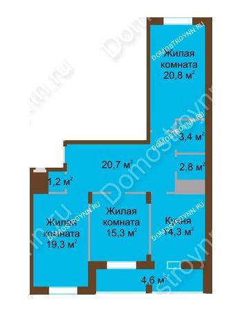 3 комнатная квартира 102,4 м² в ЖК Монолит, дом № 89, корп. 1, 2