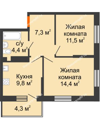 2 комнатная квартира 48 м² в ЖК Южане, дом Литер 3