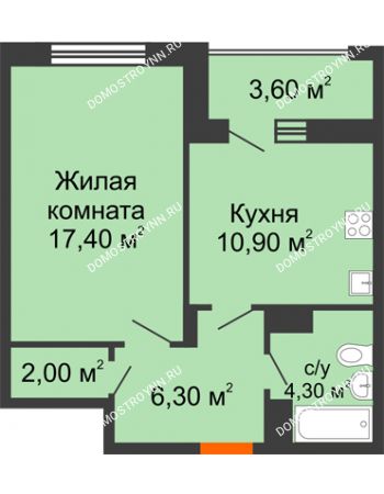 1 комнатная квартира 42,7 м² - ЖД по ул. Радио