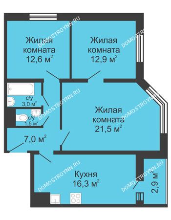 3 комнатная квартира 70,4 м² в ЖК Первомайский, дом № 5