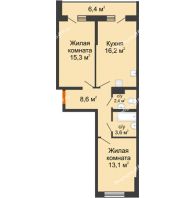 2 комнатная квартира 62,4 м² в ЖК Самолет, дом 2 очередь - Литер 1 - планировка